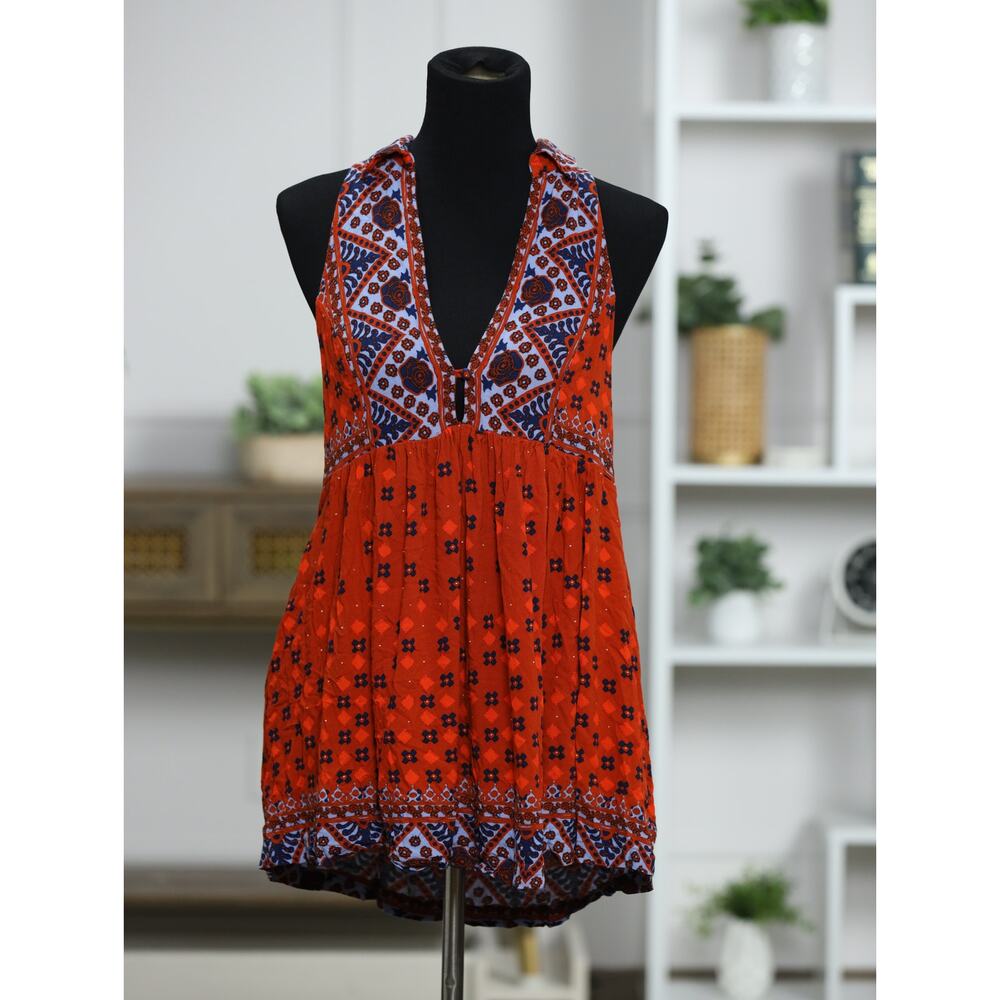 Free People Boho Tunic Dress Medium Red Paisley Printed Mini Collar Button Front - Picture 4 of 14